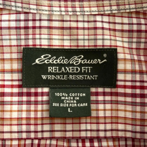Eddie Bauer Shirt Mens Large Red Tan Plaid Casual Relaxed Wrinkle Resistant - Picture 8 of 10